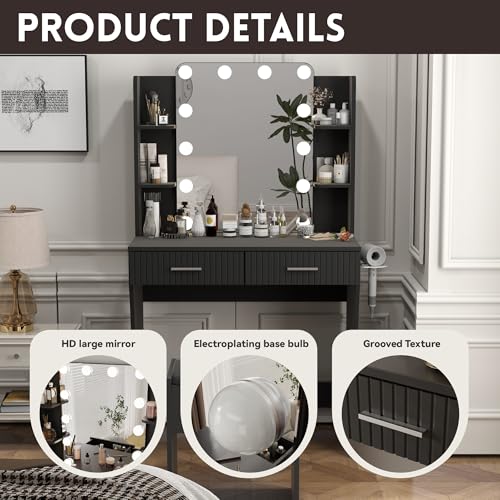 White Vanity Desk with LED Mirror and Storage Stool D5834
