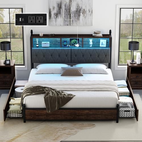 AMERLIFE Full Size Bed Frame with Bookcase Headboard, Charging Station, Rustic Brown H544