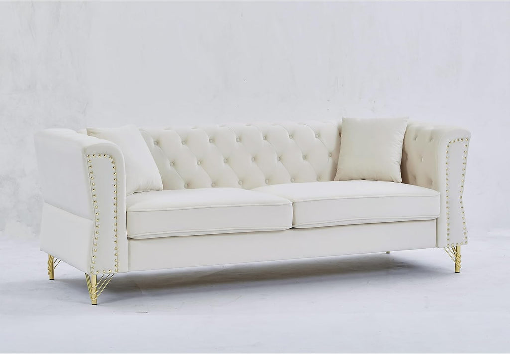 Chesterfield Sofa Grey Velvet 3 Seater Tufted Couch with Metal Foot and Nailhead N623406