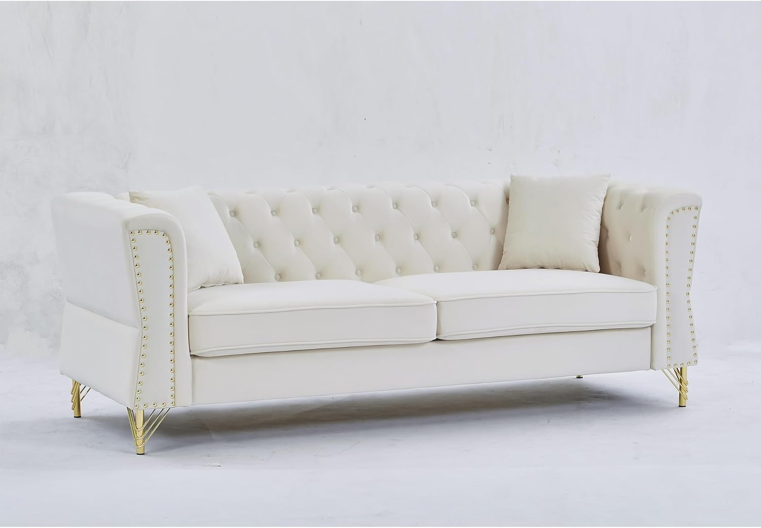 Chesterfield Sofa Grey Velvet 3 Seater Tufted Couch with Metal Foot and Nailhead N623406