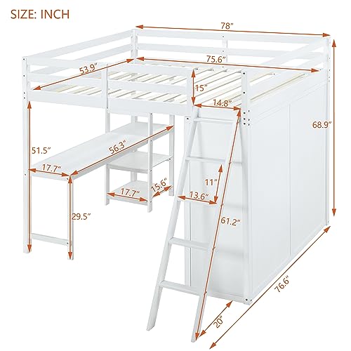 Harper & Bright Designs Full Size Loft Bed with Wardrobe and Desk, Solid Wood, White R4710