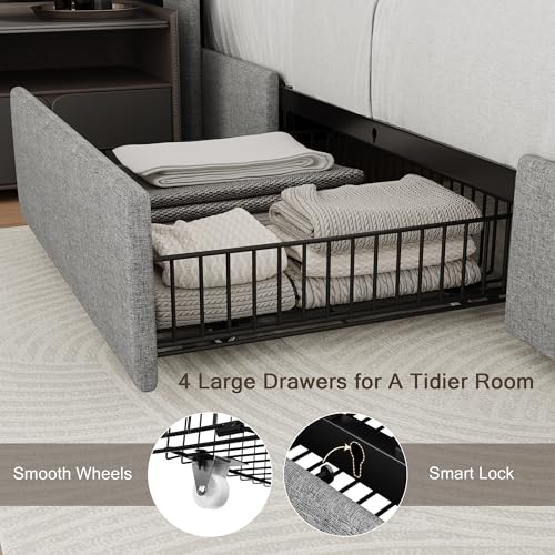Queen Bed Frame with 4 Storage Drawers and Charging Station, Black S804993