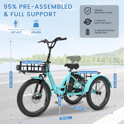 MOONCOOL Electric Trike for Adults, 20" Folding 3-Wheel Ebike, 500W Motor, Removable Battery W50658