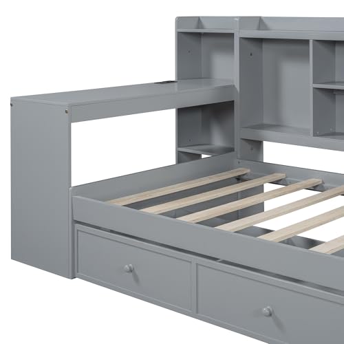 Bellemave Twin Corner Bed Frame with Storage Shelves and Desk, Gray L74206