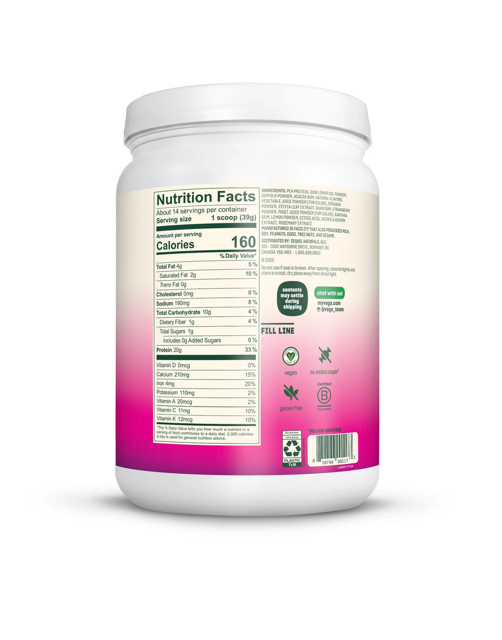 Vega Real Food Smoothie Wildberry Bliss Vegan Protein Powder 20g Plant Based Protein 19 Oz S126