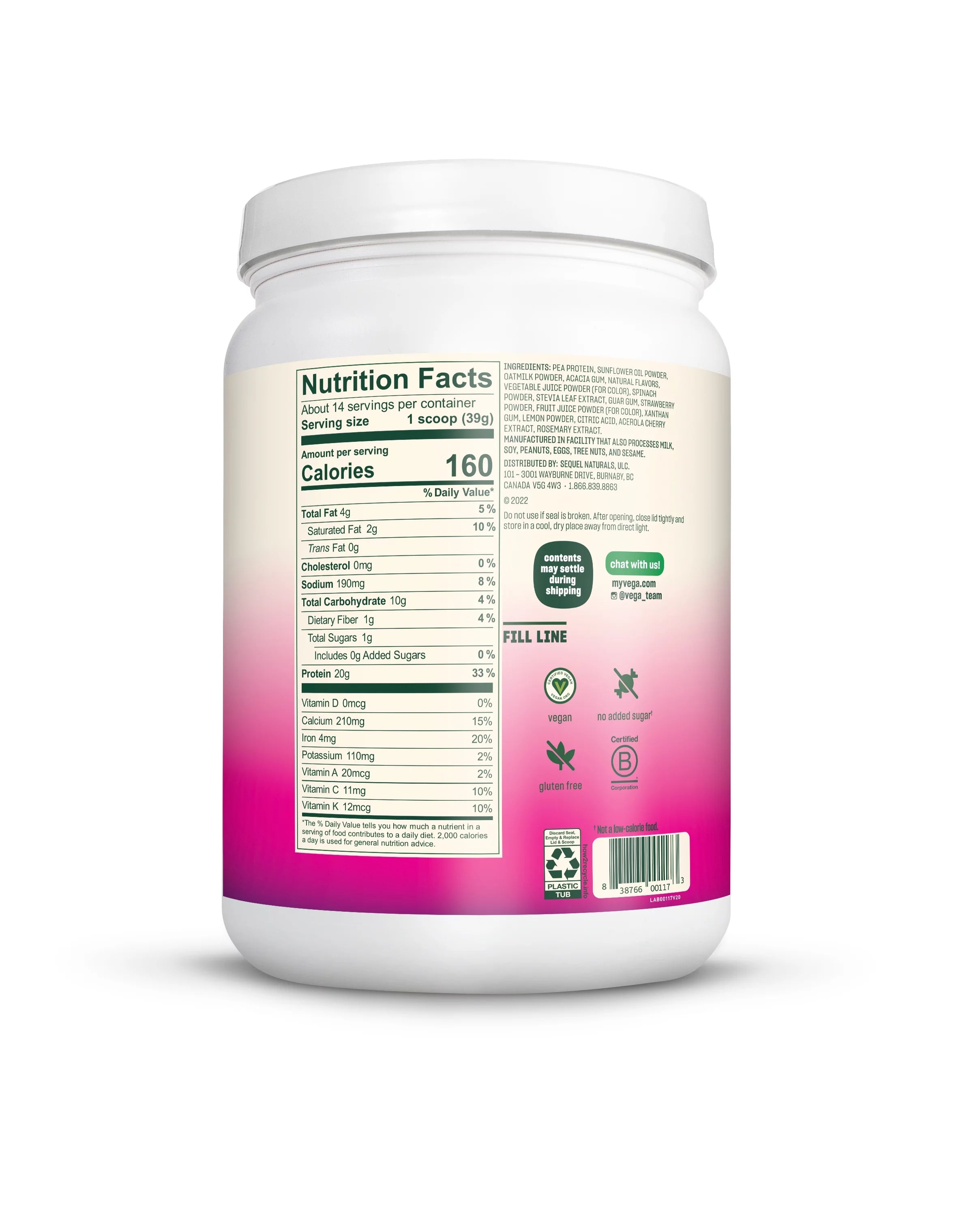 Vega Real Food Smoothie Wildberry Bliss Vegan Protein Powder 20g Plant Based Protein 19 Oz S126