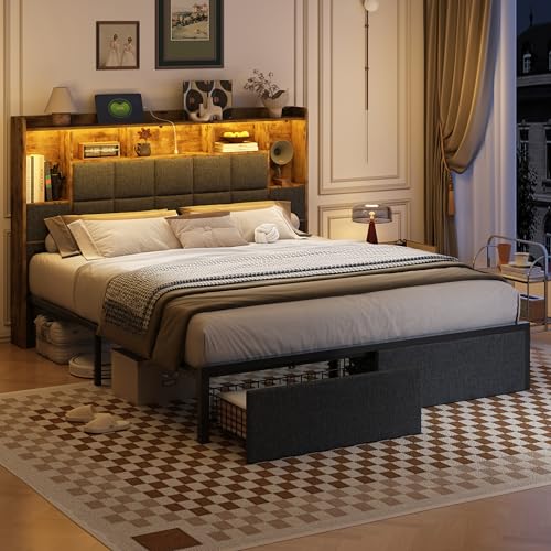 LED Bed Frame Full Size with Bookshelf Headboard and Charging Station R978868