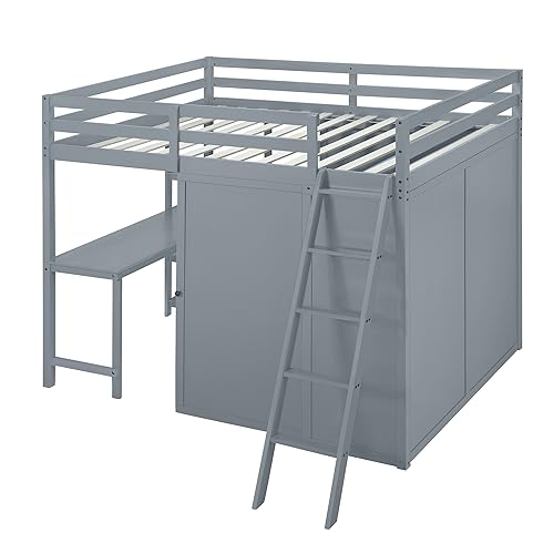 Harper & Bright Designs Full Size Loft Bed with Wardrobe and Desk, Solid Wood, White R4710