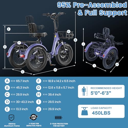 MOONCOOL Electric Tricycle for Adults, 500W 48V Folding 3-Wheel Bike with Basket O9027