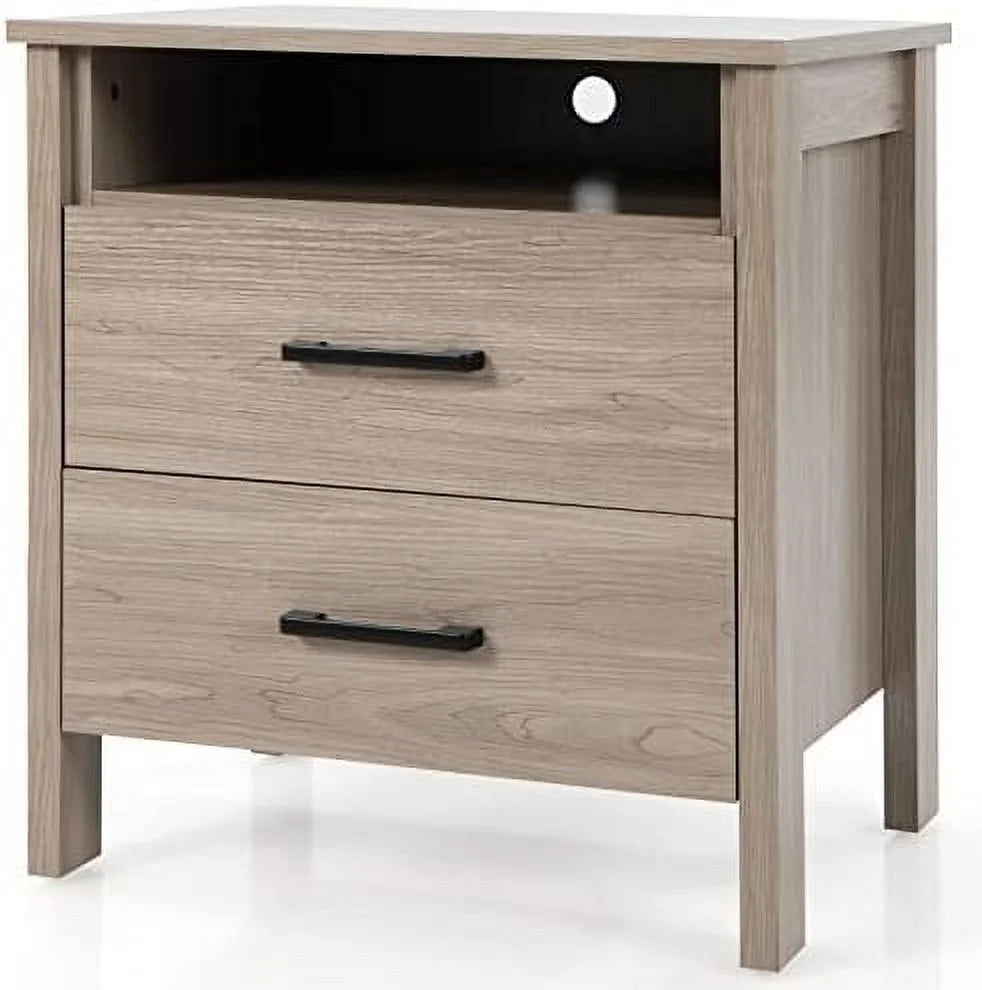RUNFAYBIU Nightstand with 2 Drawers   Wooden End Side Tables with Open   and Cable Hole  Multifunctional 2-Drawer Night Stand  Farmhouse Bedside Tables for Bedroom Dorm  Oak