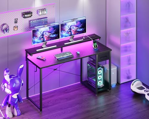 AODK Gaming Desk with LED Lights & Power Outlet, 40 Inch, Black T67329