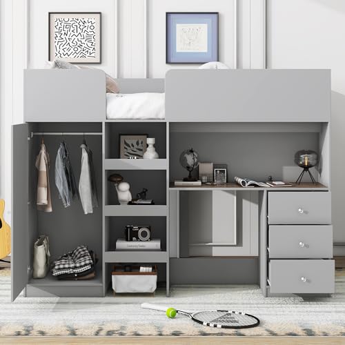 Harper & Bright Designs Full Loft Bed with Desk and Storage, Gray K73009