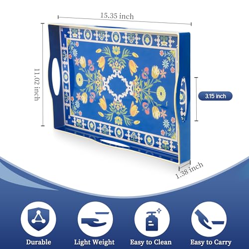 Gifturbo Blue Serving Tray with Handles, Rectangular Plastic Tray J15614