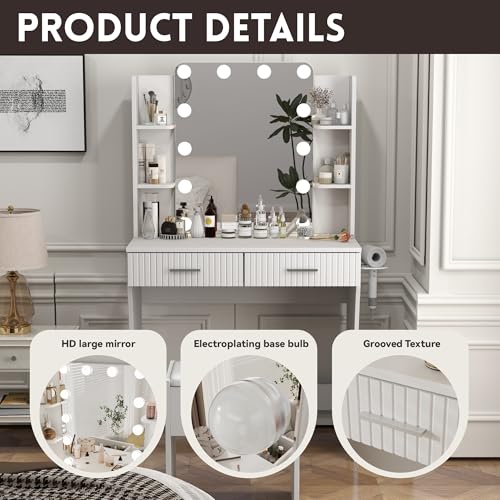 White Vanity Desk with LED Mirror and Storage Stool D5834