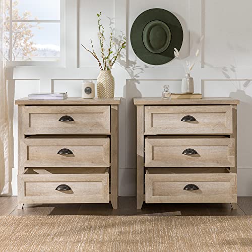 Walker Edison Hazel 2-Piece Modern Farmhouse 3 Drawer Nightstand, White Oak X7971