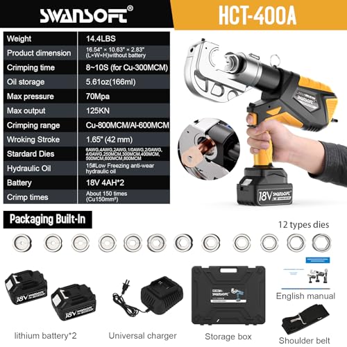 SWANSOFT Electric Hydraulic Cable Lug Crimping Tool 12Ton with 12 Dies F67528