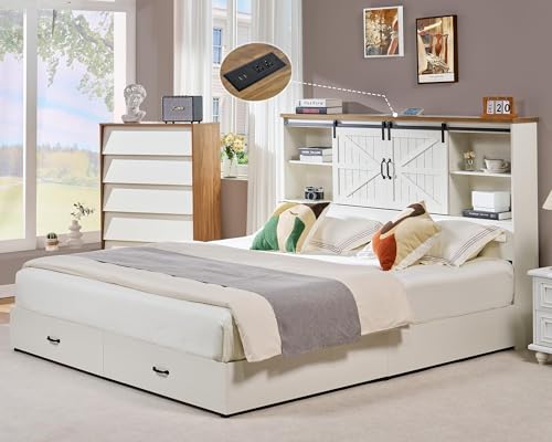 VanAcc Full Size Wooden Platform Bed with Bookcase Headboard and 2 Drawers O6158