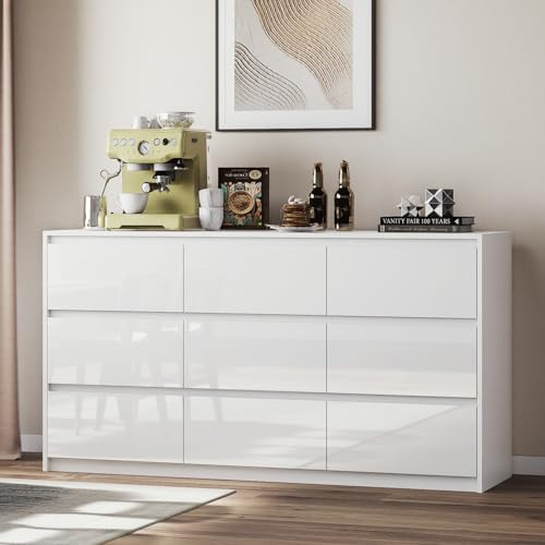 White 10 Drawer Dresser for Bedroom, High Gloss Modern TV Stand D4767