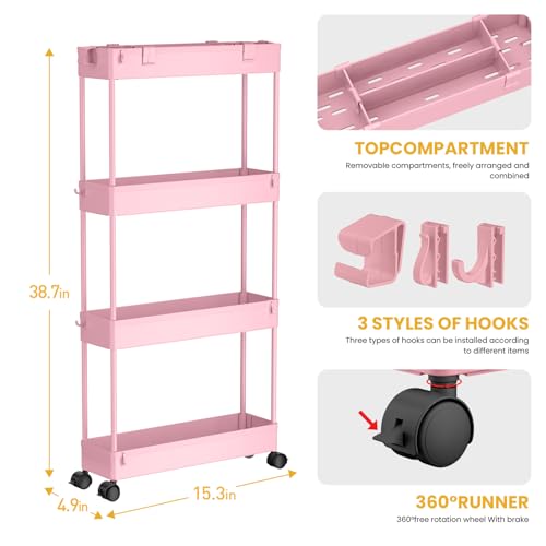 SPACELEAD Slim Storage Cart 4 Tier, Rolling Utility Cart for Bathroom & Kitchen, White Q18019