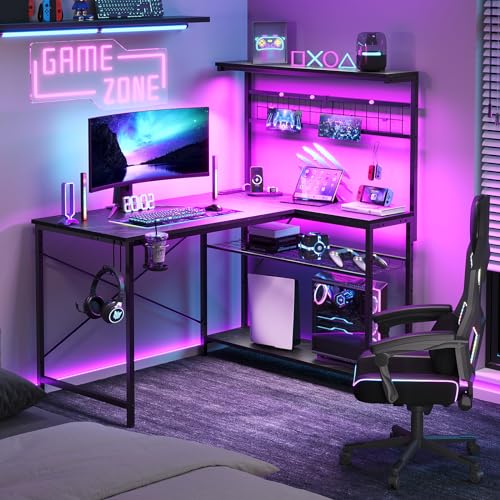 Bestier 42 L Gaming Desk with Power Outlets, LED Lights and Shelves D8630