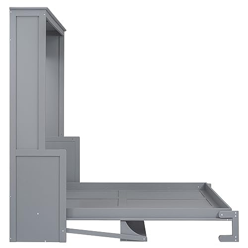 Queen Murphy Bed with Storage Shelves and LED Lights, White D5338