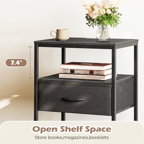 SUPERJARE Nightstand with Charging Station, Fabric Drawer, 3-Tier Storage, Walnut K366263