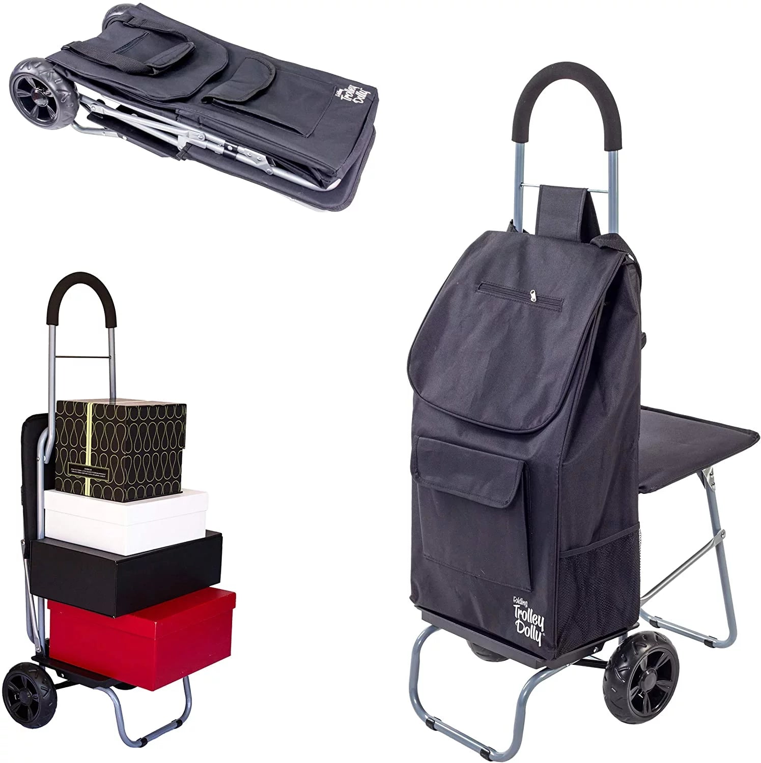 dbest products Trolley Dolly With Seat Black Shopping Grocery Foldable Cart