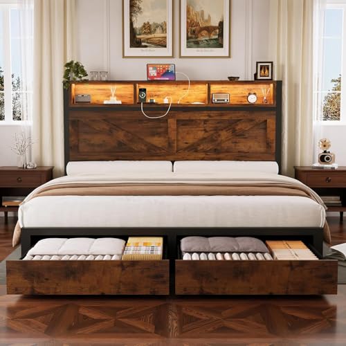Farmhouse Full Bed Frame with Bookcase Headboard, Charging Station, Brown K11127