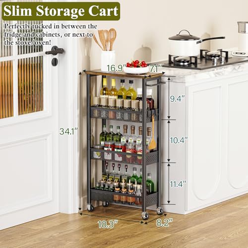 Utility Slim Storage Cart 4-Tier Rolling Cart with Wood Top A517006