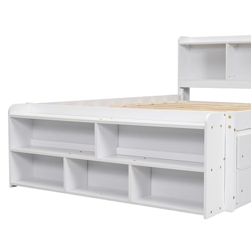 SOFTSEA Full Size Platform Bed with Storage Drawers and Bookcase Headboard, White V613109