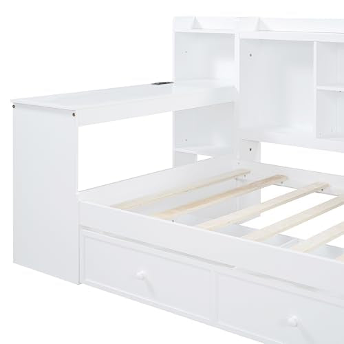 Bellemave Twin Corner Bed Frame with Storage Shelves and Desk, Gray L74206