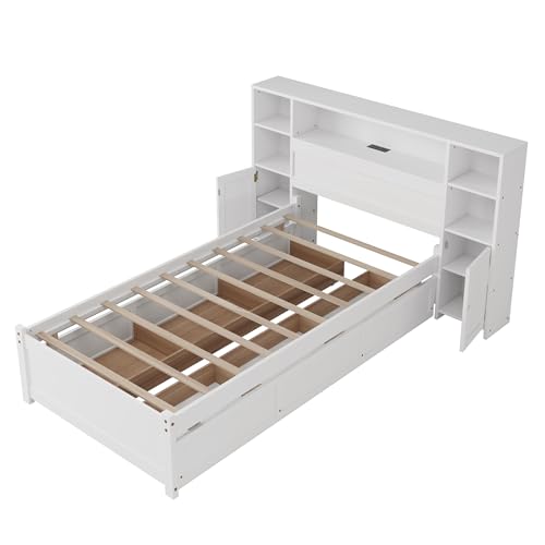 SOFTSEA Twin Size Captains Bed with 6 Storage Drawers and Bookcase Headboard, White H51434