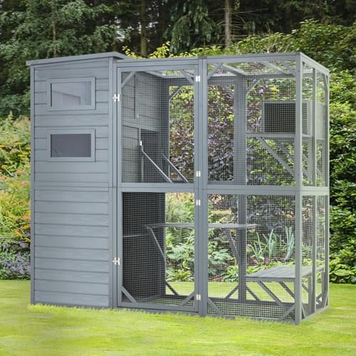 Mdeam Large Catio Outdoor Cat Enclosure, 4 Tiers Indoor Cat House for Multiple Cats with Weatherproof Roof, 4 Resting Rooms, 4 Platforms, 5 Windows, 70" H 32" W 77" L, Grey Green