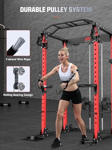 SunHome Power Cage Squat Rack with Adjustable Cable Crossover J3701