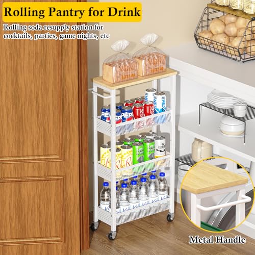 Utility Slim Storage Cart 4-Tier Rolling Cart with Wood Top A517006