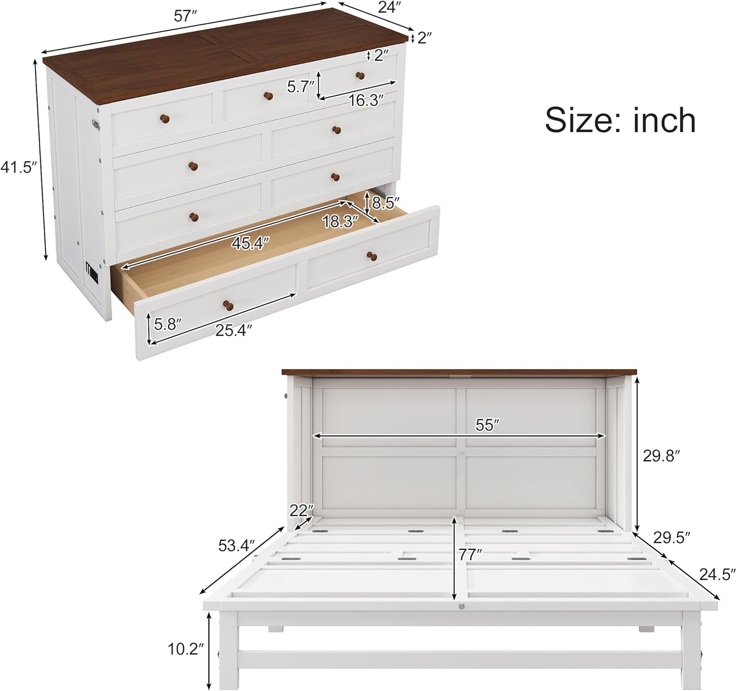 Murphy Bed Full Size with Drawer and Charging Station, White + Walnut Q53827