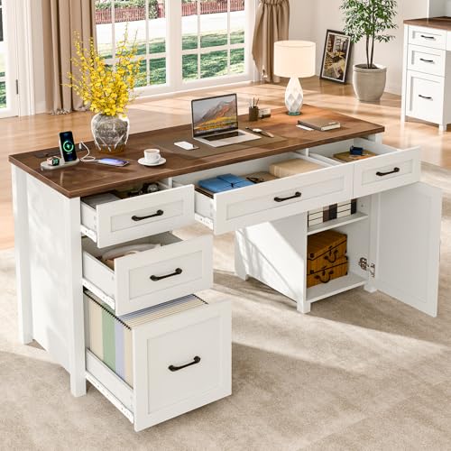 Farmhouse 61" Executive Desk with 5 Drawers and Charging Station, Pure Black W116439