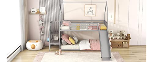 Twin Over Twin Metal Bunk Bed with Slide and Storage Stairs Y118