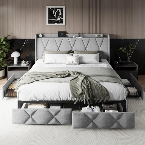 Queen Bed Frame with 4 Storage Drawers and Charging Station, Black S804993
