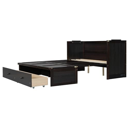 Queen Size Murphy Bed with Drawers and Charging Station, Espresso O1227