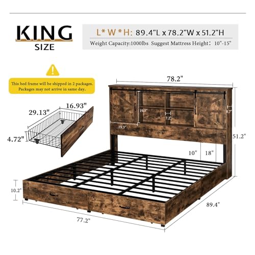 VanAcc Full Size Wooden Platform Bed with Bookcase Headboard and 2 Drawers O6158