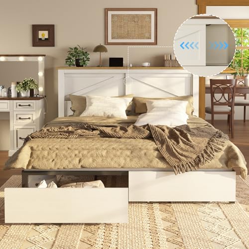 AMERLIFE King Bed Frame with Bookcase Headboard and Charging Station V4787
