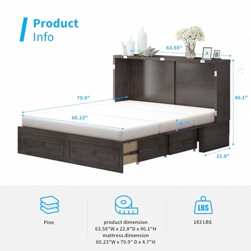 Mjkone Murphy Bed Cabinet Queen Size with USB Charging Station & Storage Drawers, White U176463