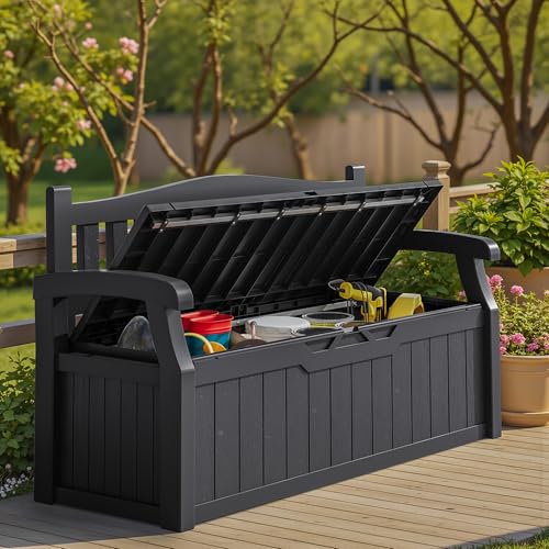 Homall 75 Gallon Outdoor Storage Bench Lockable Deck Box Waterproof UV Resistant Grey D354316