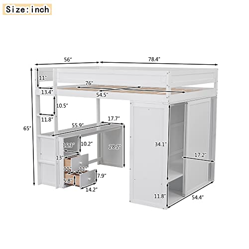 Full Size Solid Wood Loft Bed with Wardrobes, Desk and Storage Cabinet, White J33469