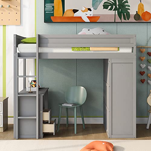 Full Size Loft Bed with Storage Wardrobe and Desk for Kids Teens Adults White K66587