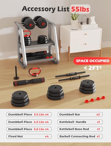Adjustable Dumbbells 2-in-1 Set with Barbell & Kettlebell, 20-90lbs for Home Gym N35170
