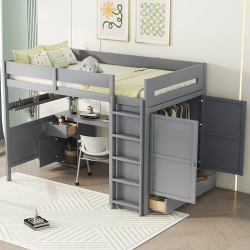 Harper & Bright Designs Twin Size Loft Bed with L-Shaped Desk and Stairs, Solid Wood, White D768