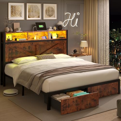 Farmhouse Full Bed Frame with Bookcase Headboard, LED Lights and Charging Station M527023