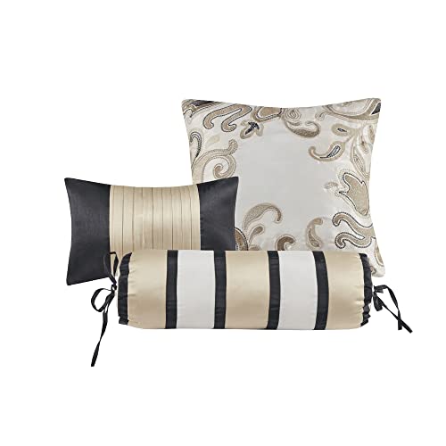 Madison Park Cal King 7 Piece Comforter Set, Faux Silk Jacquard Paisley, Black S501